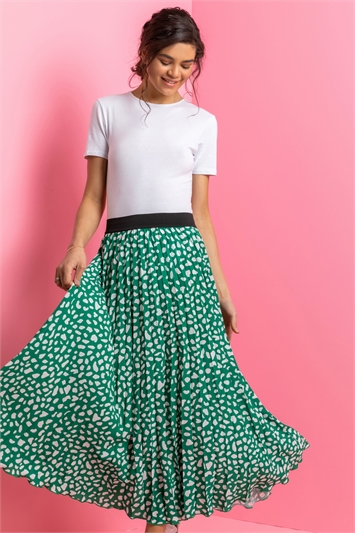Green Abstract Spot Print Pleated Maxi Skirt