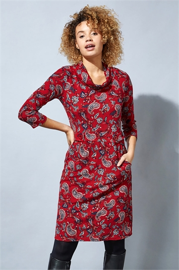 Red Paisley Print Cowl Neck Dress, Image 1 of 4