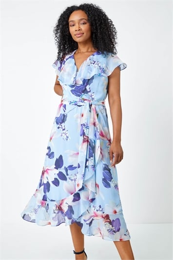 Blue Petite Floral Frill Hem Chiffon Dress