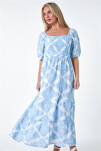 Blue Petite Cotton Embroidered Shirred Maxi Dress