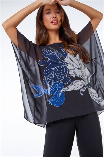 Blue Floral Print Chiffon Overlay Jumpsuit