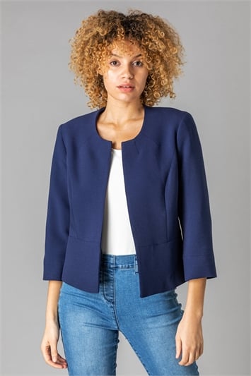 Navy Textured Cropped Jacket, Image 1 of 4
