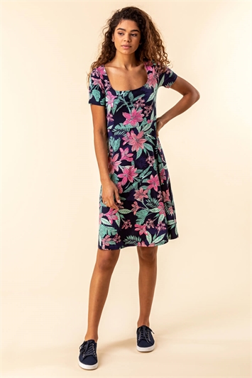 Navy Tropical Floral Square Neck Dress, Image 3 of 5