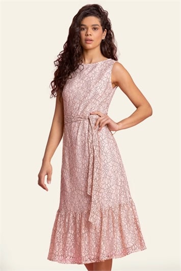 Pink Belted Lace Detail Tiered Midi Dress