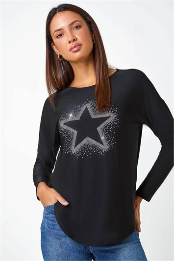 Black Embellished Star Print Stretch Top