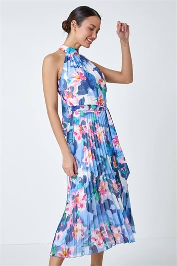 Blue Floral Print Pleated Chiffon Midi Dress
