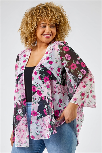 Pink Curve Patchwork Floral Print Kimono, Image 1 of 5