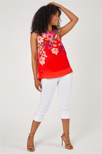 Red Petite Floral Print Chiffon Overlay Top, Image 3 of 5