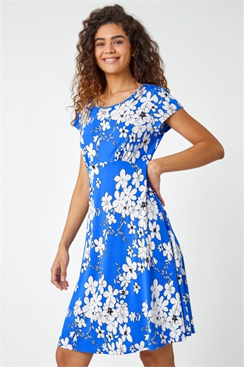 Blue Textured Floral Print Tea Dress