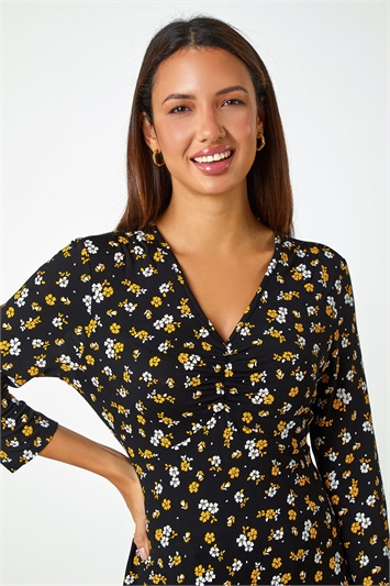 Multi Floral Print Ruched Stretch Top