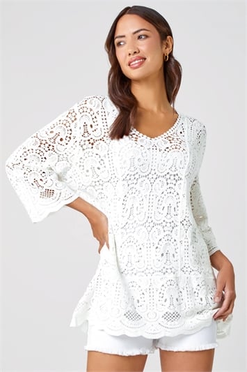 White Cotton Crochet Tunic Top