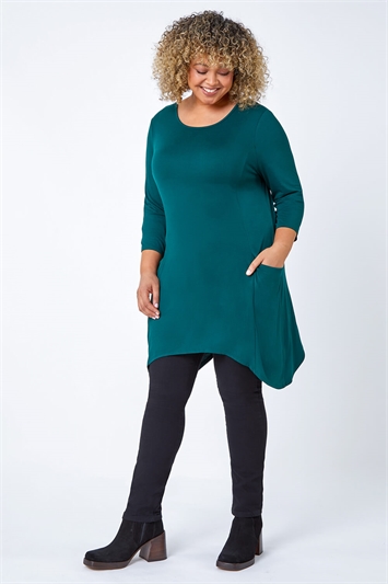 Green Curve Pocket Detail Stretch Tunic Top