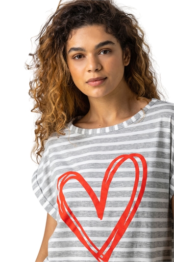 Grey Stripe Print Heart T-Shirt