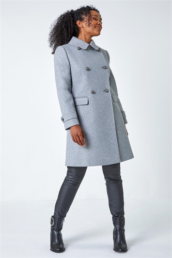 Grey Petite Double Breasted Military Coat
