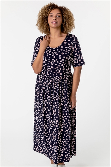 Navy Curve Ditsy Floral Print Midi Dress, Image 3 of 5