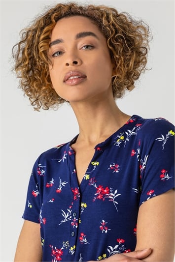 Navy Floral Button Front T-Shirt