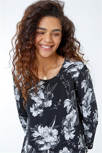 Black Floral Print Double Layer Top