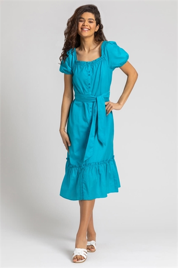 Turquoise Puff Sleeve Button Through Midi Dress, Image 3 of 5
