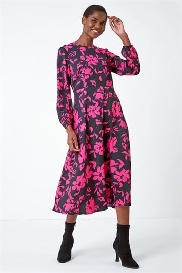 Pink Floral Contrast Print Midi Dress