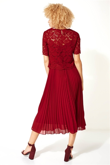 Wine Lace Top Overlay Pleated Midi Dress, Image 3 of 6