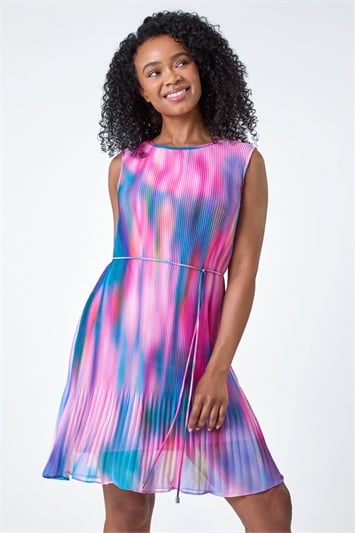 Blue Petite Abstract Tie Detail Pleated Dress