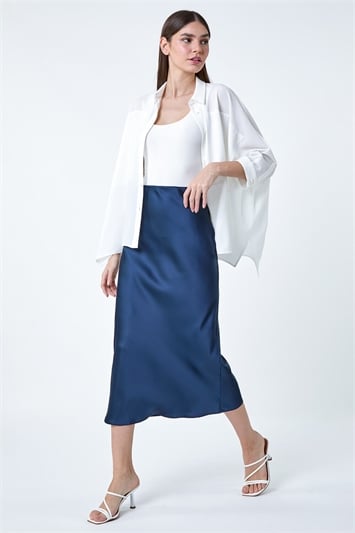Blue Satin Bias Cut Elastic Waist Midi Skirt