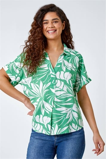 Green Tropical Print Ladder Lace Overshirt