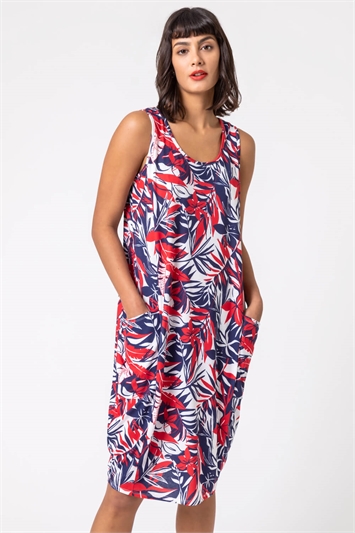 Navy Tropical Leaf Print Slouch Pocket Dress, Image 1 of 5