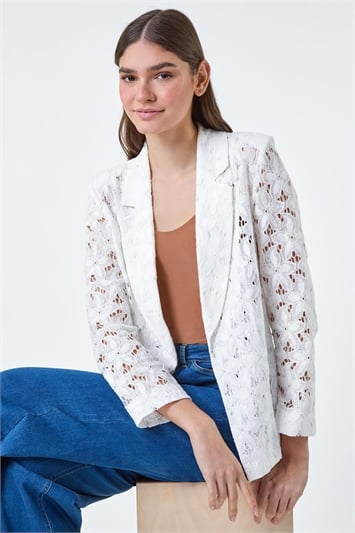 White Cotton Blend Floral Lace Jacket