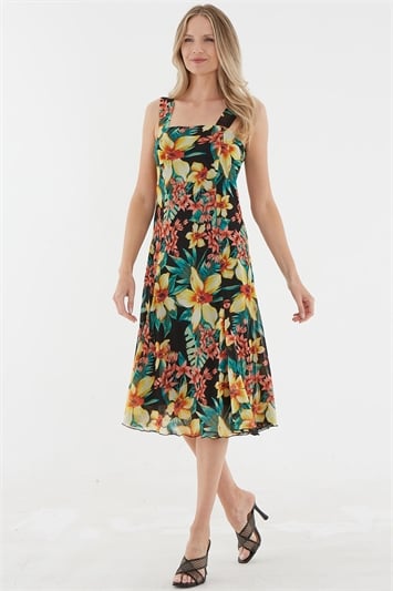 Black Julianna Tropical Floral Print Sun Dress