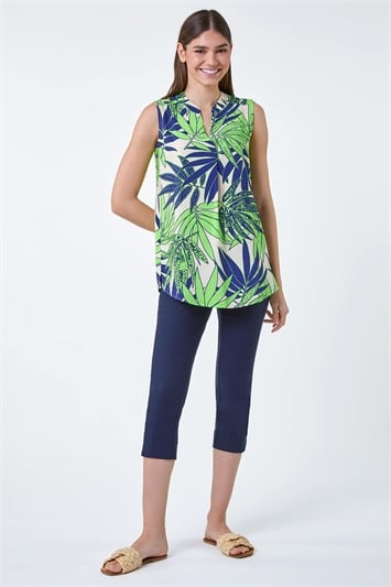 Green Palm Leaf Tropical Print Sleeveless Blouse