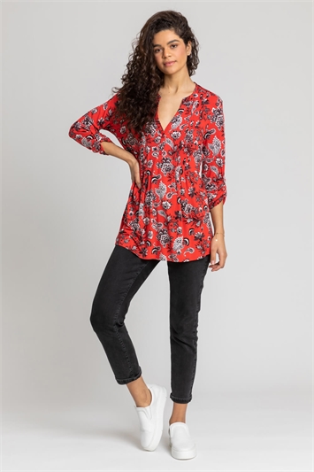 Red Paisley Floral Pintuck Jersey Shirt, Image 3 of 4