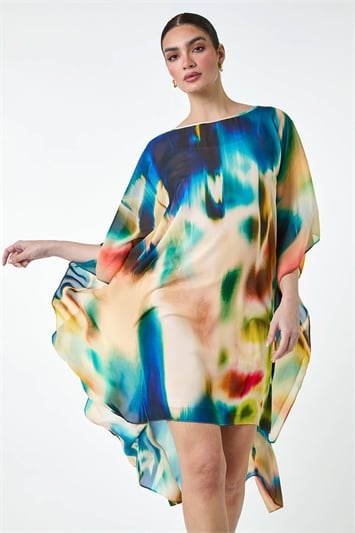 Cream Abstract Print Chiffon Draped Tunic Dress