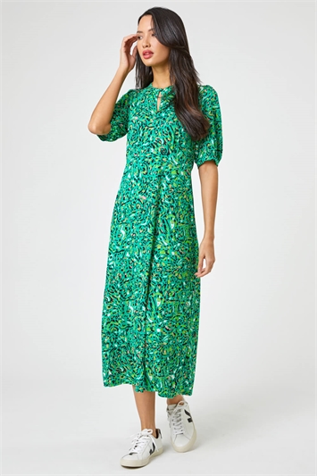 Green Animal Print Keyhole Stretch Dress, Image 3 of 5