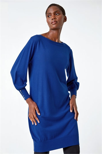 Blue Button Detail Knitted Jumper Dress