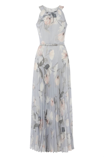 Grey Floral Pleated Maxi Dress