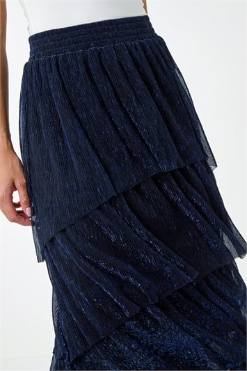 Blue Shimmer Tiered Mesh Maxi Skirt