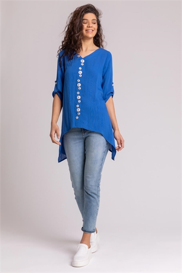Royal Blue Asymmetric Abstract Button Detail Top, Image 3 of 4