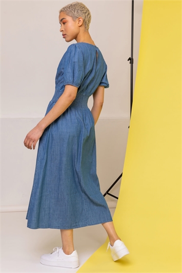 Denim Shirred Waist Pocket Midi Dress, Image 2 of 4