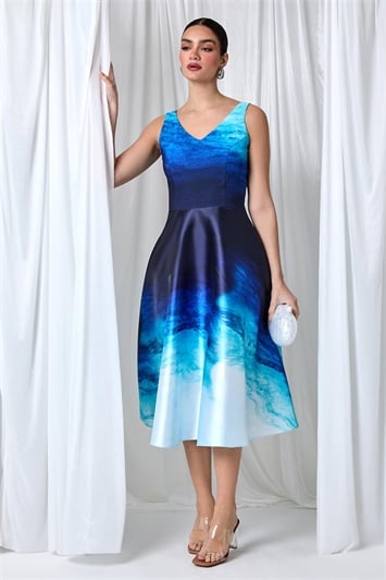 Blue Ombre Print Satin Feel Midi Dress