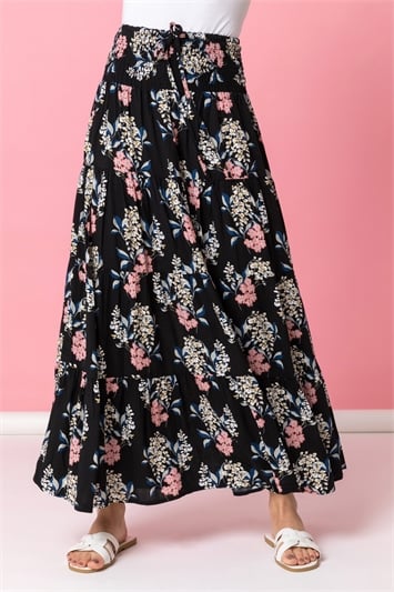 Black Floral Shirred Waist Maxi Skirt