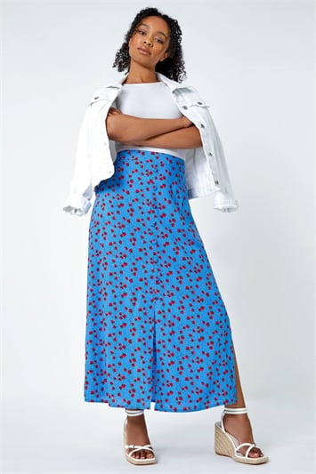 Blue Petite Strawberry Button Elastic Waist Skirt
