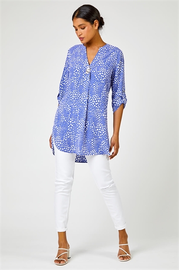 Blue Longline Button Detail Abstract Spot Print Top, Image 3 of 5