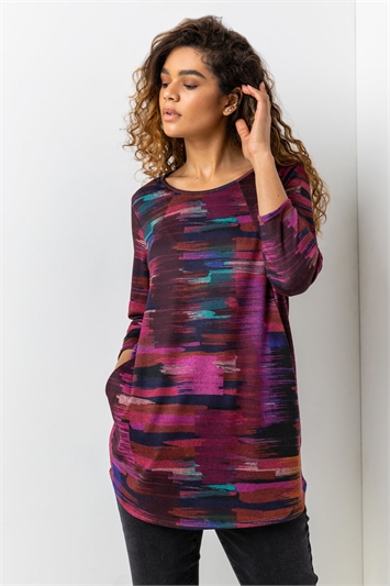 Purple Abstract Print Pocket Top With Snood