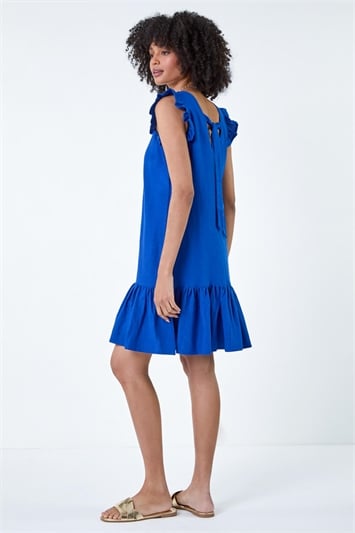 Blue Linen Blend Frill Detail Dress