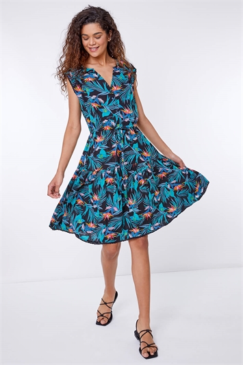 Turquoise Floral Print Tiered Woven Dress, Image 2 of 5