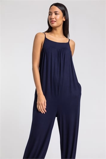 Blue Strappy Full Length Jersey Jumpsuit