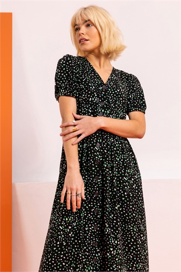 Green Ditsy Spot Print Button Down Dress, Image 5 of 5