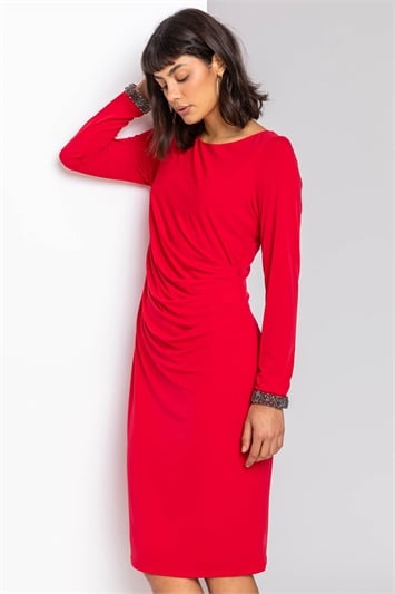 Red Sparkle Embellished Ruched Dress