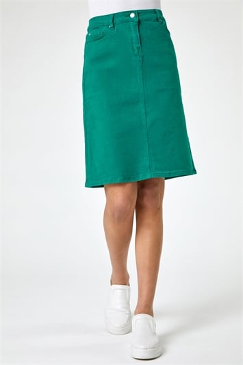 Green Cotton Denim Stretch Skirt